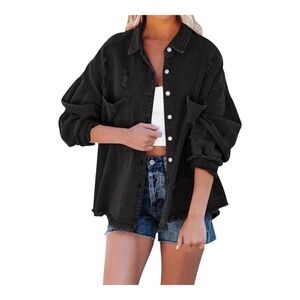 T&C Apparel Black Distressed Denim Jacket Frayed‎ Button Women Size Medium NWOT